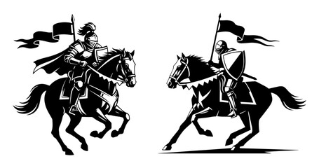 medieval knights jousting on horses black and white illustration
