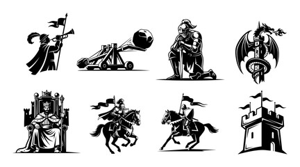 medieval kingdom knight king and dragon vector set