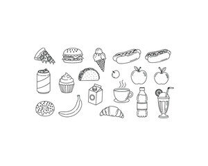 Line art illustration featuring various food items including pizza, burger, ice cream, hot dogs, and fruit.
