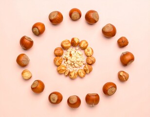 Whole, chopped and ground hazelnuts arranged in a circle