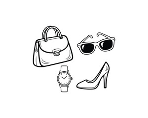 Illustration of a handbag, sunglasses, wristwatch, and high-heeled shoe arranged on a white background.