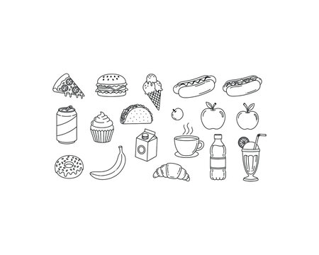 Line art illustration featuring various food items including pizza, burger, ice cream, hot dogs, and fruit.