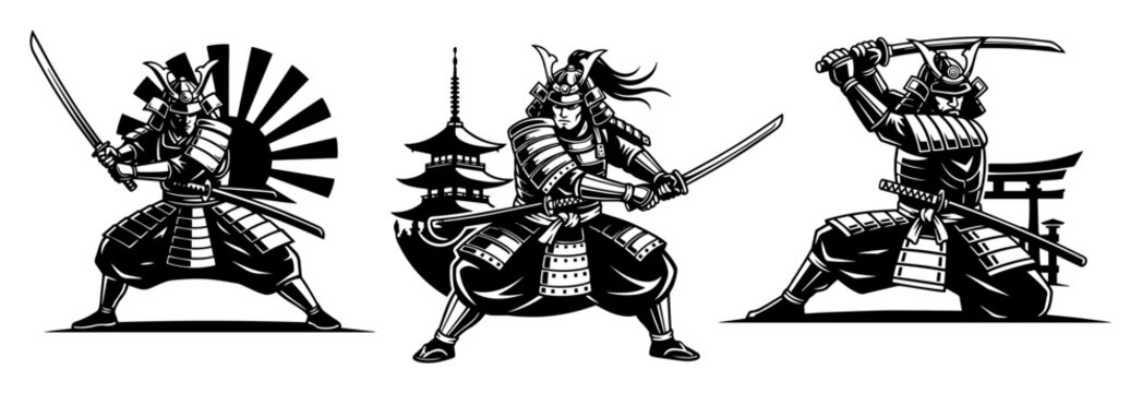 set of japanese samurai warrior with katana sword vector