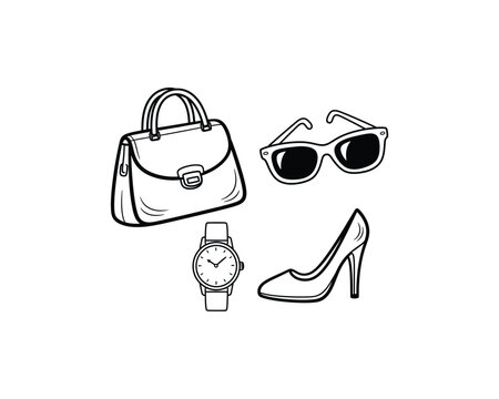 Illustration of a handbag, sunglasses, wristwatch, and high-heeled shoe arranged on a white background.