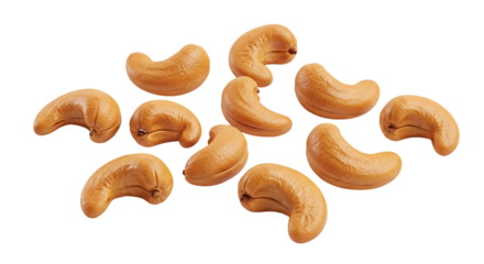 Cashew nuts scattered isolated on a transparent background