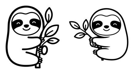 cute sloth holding branch cartoon coloring page vector