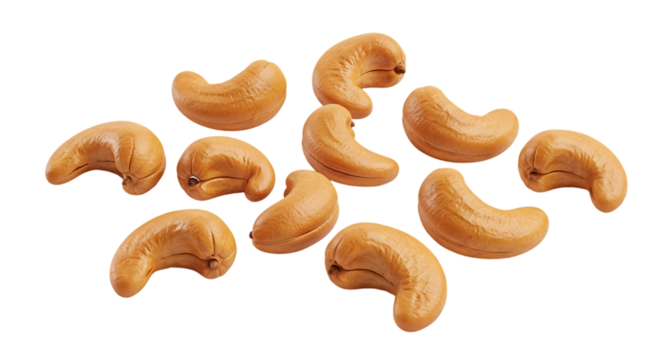 Cashew nuts scattered isolated on a transparent background