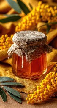 Honey jar with mimosa blossoms on mustard yellow fabric