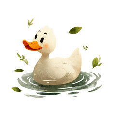 Adorable duckling enjoys a peaceful swim amidst falling leaves.