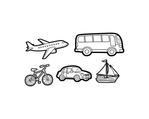 Black and white line drawings of various transportation vehicles, including an airplane, bus, bicycle, car, and sailboat.