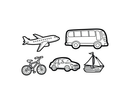 Black and white line drawings of various transportation vehicles, including an airplane, bus, bicycle, car, and sailboat.
