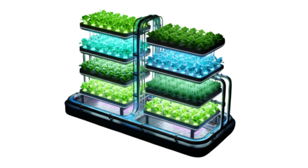 Innovative vertical farm isolated on transparent background, showcasing sustainable agriculture, urban farming, and the future of food production with hydroponic technology