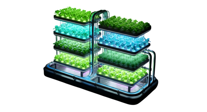 Innovative vertical farm isolated on transparent background, showcasing sustainable agriculture, urban farming, and the future of food production with hydroponic technology