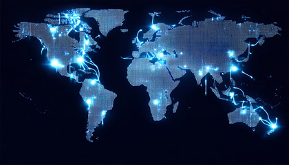 Obraz premium A luminous world map with interconnected glowing lights. The image depicts a global network of data transfer