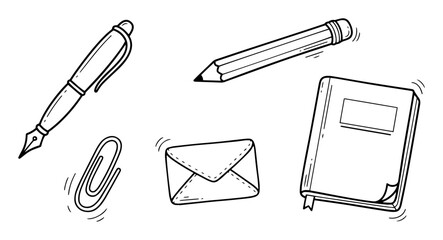 hand drawn office and stationery items in black and white