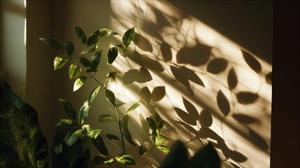 Sunlight casts leaf shadows on a wall behind a plant.