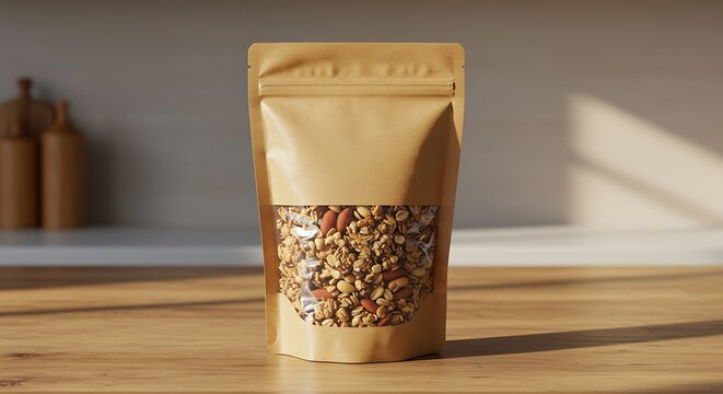 Mockup of kraft stand up pouch with clear window filled with granola on a wooden table for commercial usage