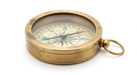 Antique brass compass, showing north, isolated on white background.
