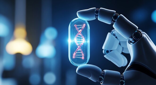 Robotic hand holding glowing D N A capsule robot hand