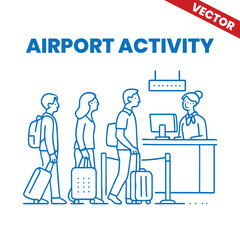 Passengers waiting in line at check-in counter outline graphic illustration airport activity