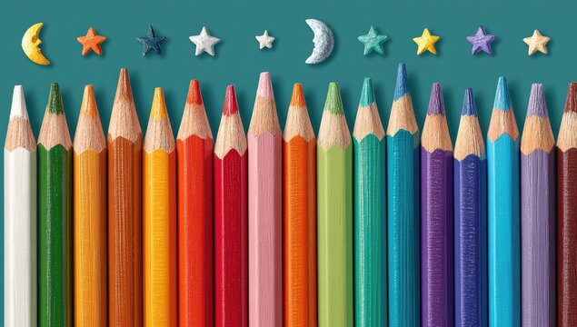 Colorful pencils lined up, with small moon and star shapes above