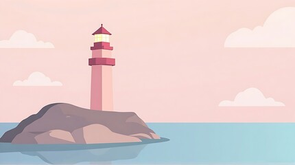 Minimalist Lighthouse on Rocky Island with Pastel Sky and Calm Sea
