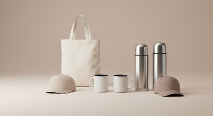 Mockup of collection of promotional merchandise including tote bag, caps, mugs, and thermoses for commercial usage