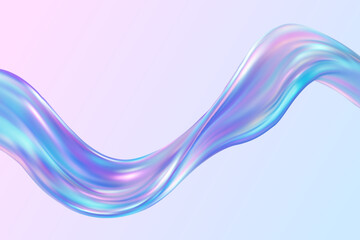 3D glass wave ribbon on soft gradient background. Liquid iridescent texture in pastel blue and pink tones creates elegant flowing design. Modern vector wallpaper for luxury, cosmetic or digital art
