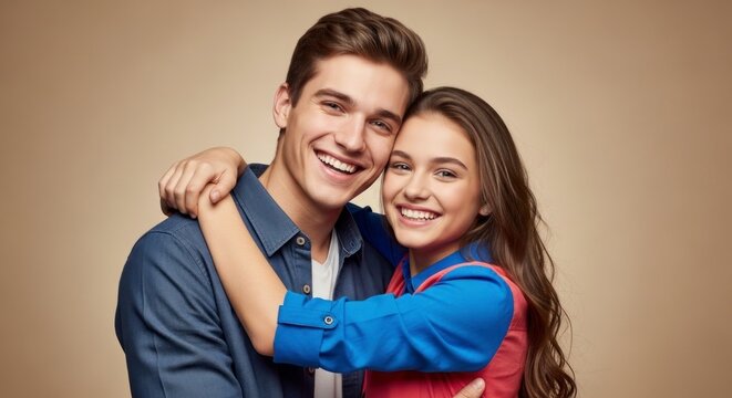 Smiling couple hugs standing close on a plain tan background - Powered by Adobe