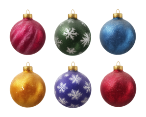 Red Christmas bauble, green ornament with snowflake, blue bauble, gold ornament, purple bauble, festive decoration
