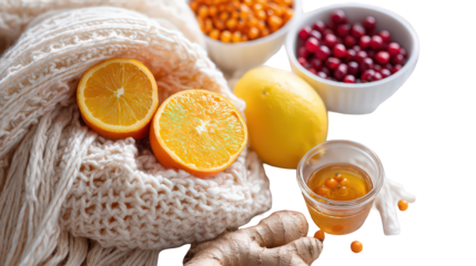 Citrus Fruits Ginger Honey and Cranberries on Knitted Blanket