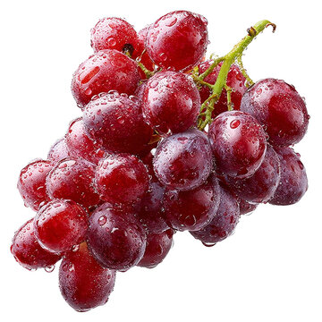 This is a close-up of a bunch of fresh red grapes covered with water droplets, showcasing their vibrant color and fresh appearance.