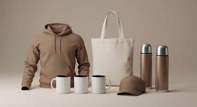 Mockup of collection of promotional merchandise including a hoodie, tote bag, mugs, cap, and thermoses for commercial usage