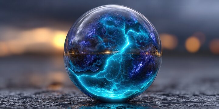 A glowing crystal ball radiates with a vibrant display of blue energy, creating a stunning visual effect.