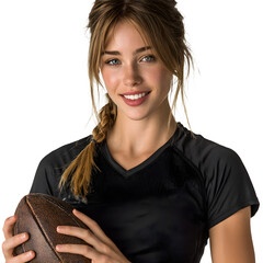 Portrait of young female athlete smiling holding rugby ball white isolated background photo, clear detail and natural light, simple clean look simple style clean look soft tone calm mood minimal style