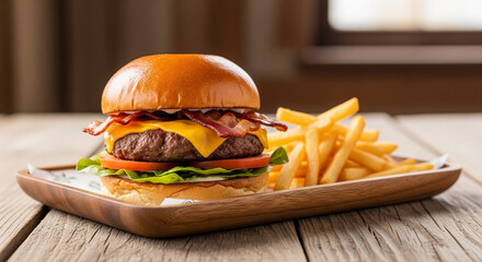 A juicy burger with cheese, bacon, lettuce, and tomato is served with a side of golden french fries on a wooden tray.