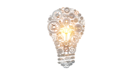 Light bulb made of gears isolated on transparent background, symbolizing innovation, teamwork, and the power of ideas in a technological age