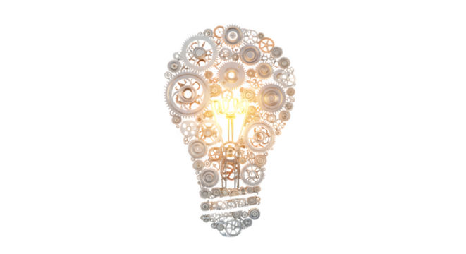 Light bulb made of gears isolated on transparent background, symbolizing innovation, teamwork, and the power of ideas in a technological age - Powered by Adobe