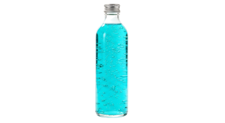 Clear bottle with blue liquid and bubbles isolated on a transparent background