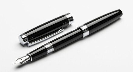 A shiny black fountain pen with its cap resting beside it on a white surface.