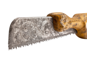 Close-Up of a Rustic Vintage Handsaw with Detailed Metal Blade and Wooden Handle