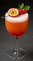 Exotic Passion Fruit Cocktail with Raspberry and Mint Garnish.