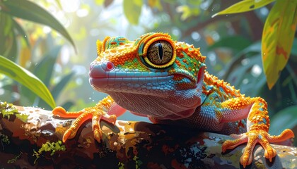 Vibrant gecko with intricate patterns, perched on a branch in a lush tropical setting, showcasing a striking array of colors.