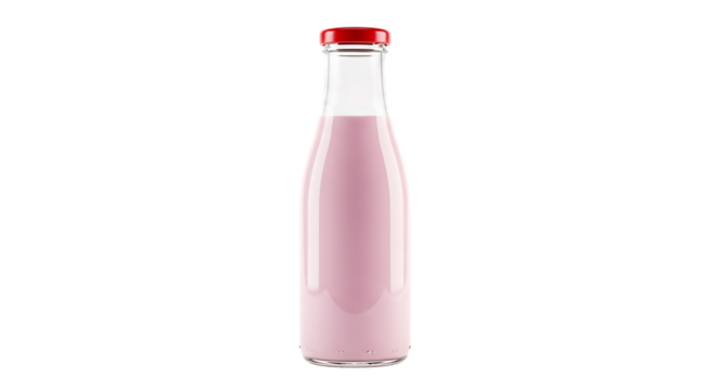 Pink milk bottle with red cap isolated on a transparent background