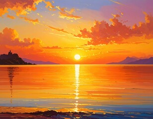 A vibrant sunset paints the tranquil ocean landscape, showcasing the warm hues of the setting sun.