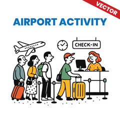 Airport Activity Vector Illustration Passengers Waiting in Line at the Check-in Counter at an Airport Activity Vector Illustration