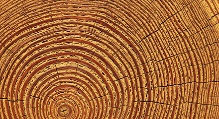 Naklejka premium Macro shot of an ancient tree cross-section, showcasing hundreds of years of growth rings, ultra detailed wood textures