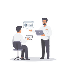 Business meeting and presentation of financial data analysis on a white background