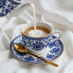Pouring Cream into a Blue and White Teacup with a Gold Spoon.
