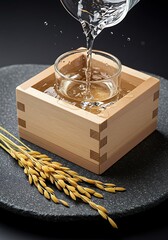 Sake pouring into a Masu cup with rice.